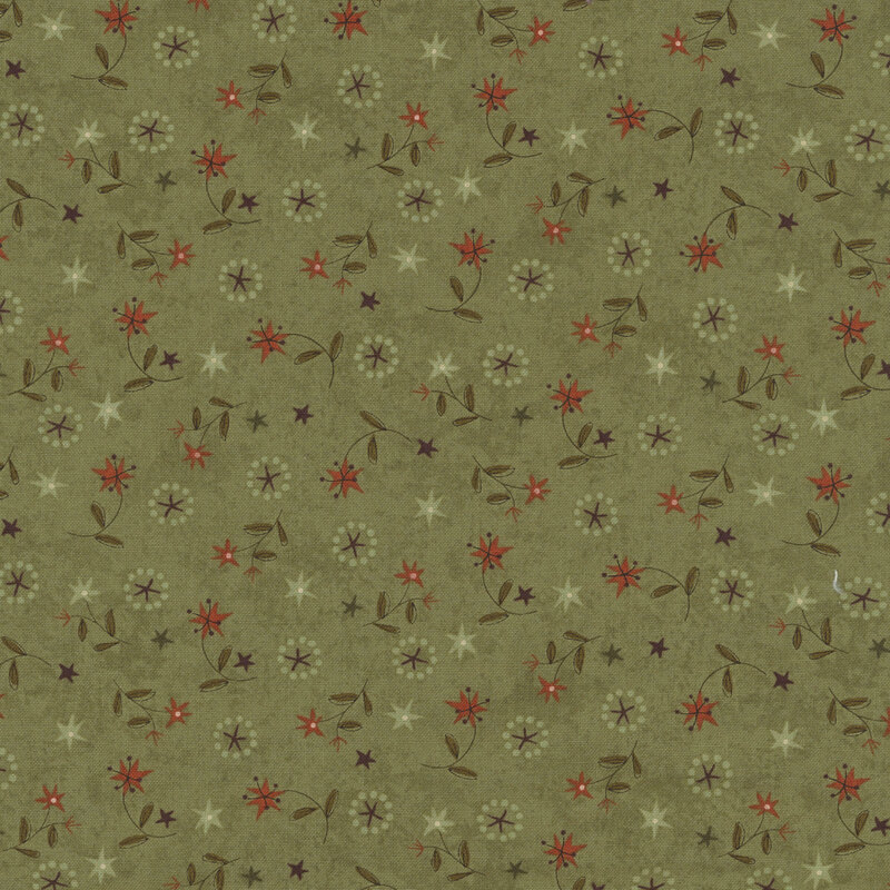 brown lilies with green leaves and light green stars tossed on textured pine green fabric