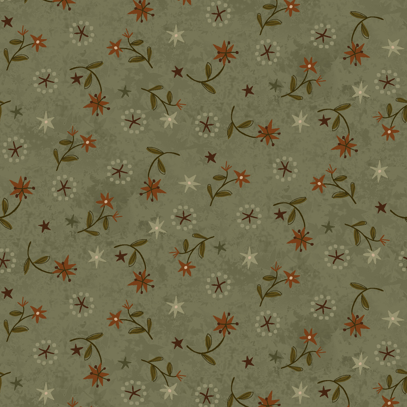 brown lilies with green leaves and light green stars tossed on textured pine green fabric