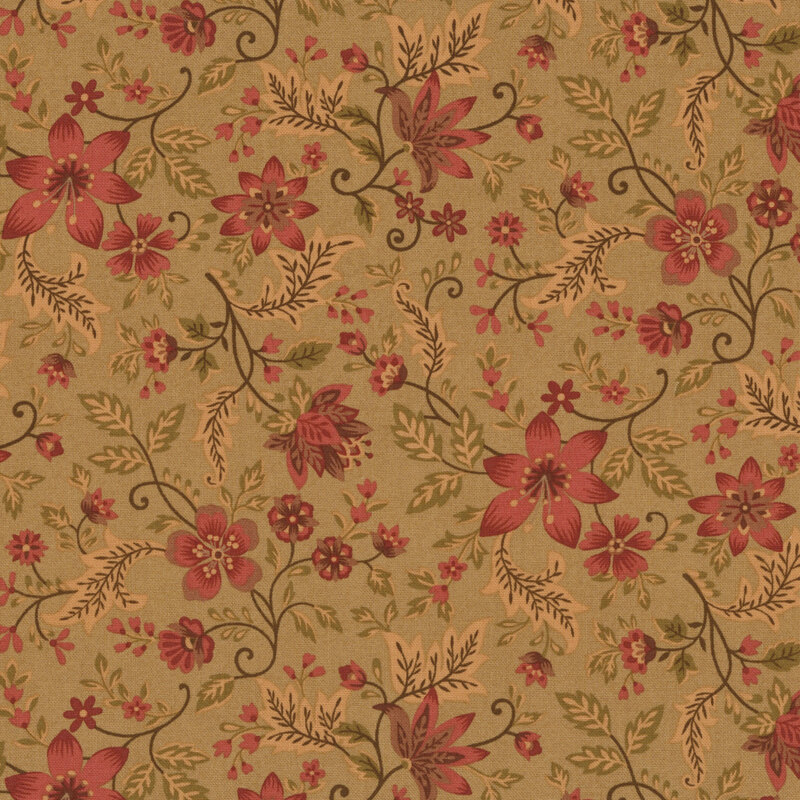 russet fabric featuring bright rose red flowers and stems with swirling green and latte leaves