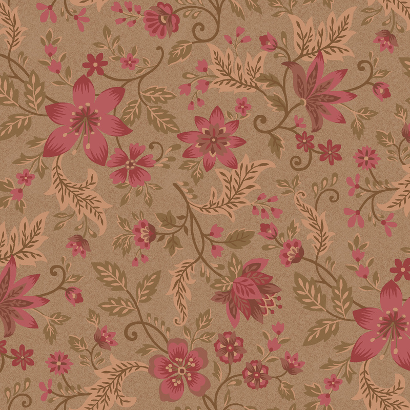 russet fabric featuring bright rose red flowers and stems with swirling green and latte leaves