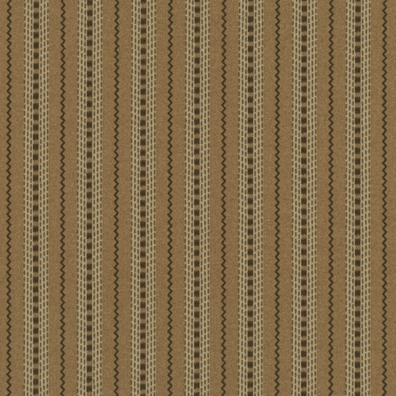 brown fabric featuring alternating stripes of wavy lines and dash lines