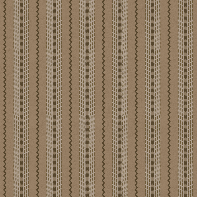 brown fabric featuring alternating stripes of wavy lines and dash lines