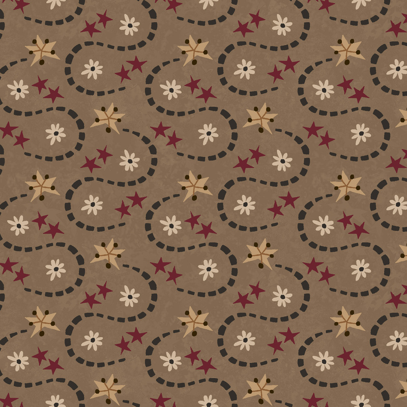 brick red stars, shooting tan stars with a dark green tail, and cream flowers tossed on a brown fabric