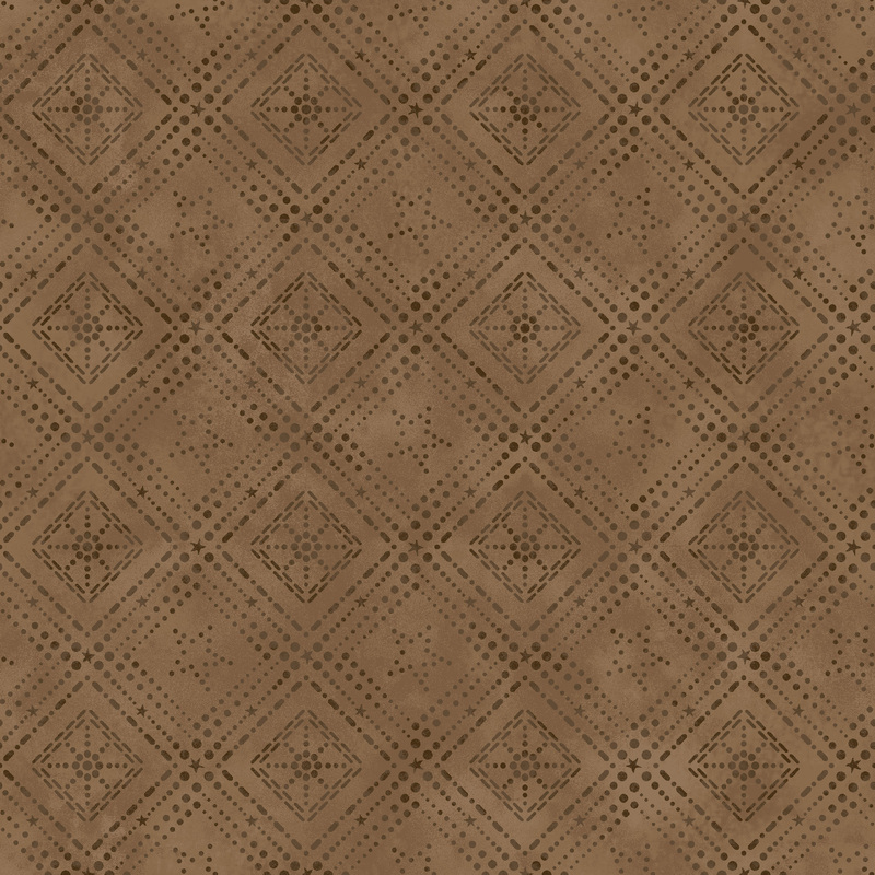 geometric designs formed by stars and dots on mottled tonal brown fabric