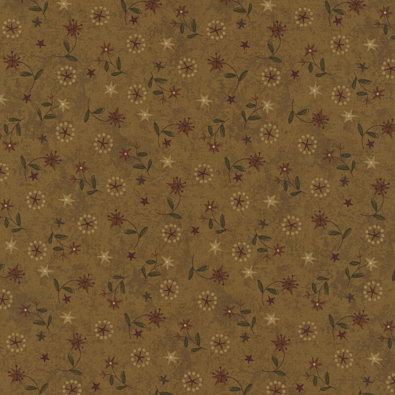 dark brown lilies with green leaves and stars in cocoa and beige tossed on brown fabric