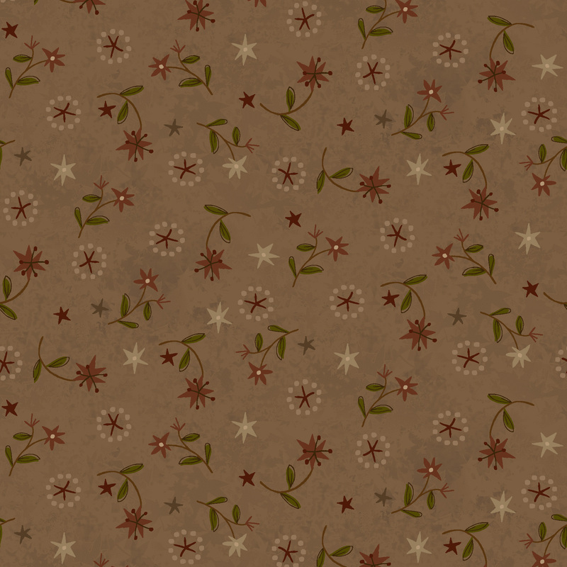 dark brown lilies with green leaves and stars in cocoa and beige tossed on brown fabric