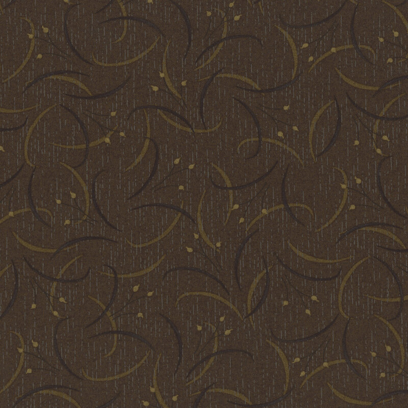 coffee brown fabric featuring lily flowers and swirling leaves in black and olive