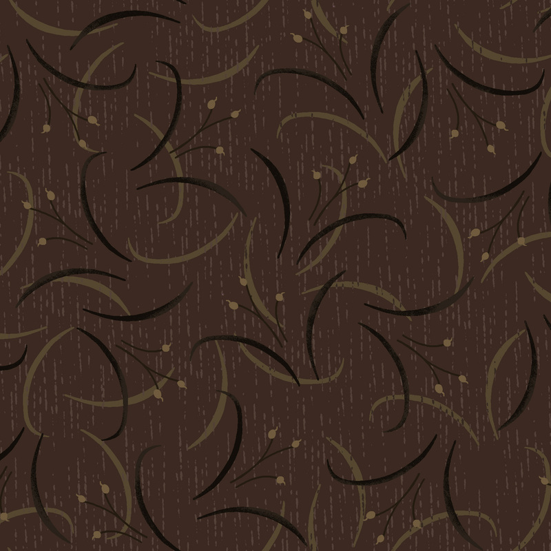coffee brown fabric featuring lily flowers and swirling leaves in black and olive