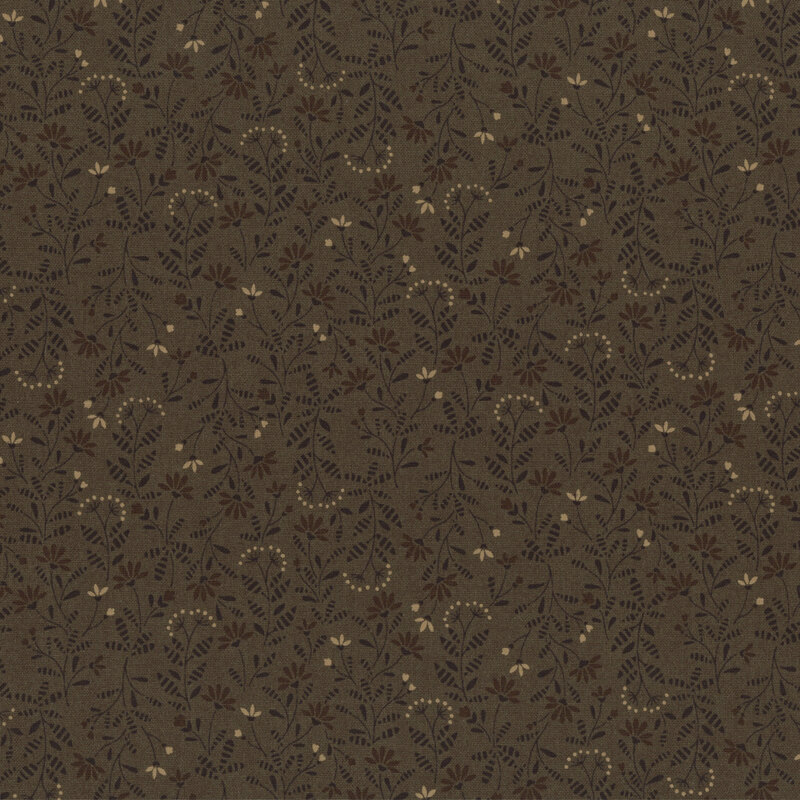 brown fabric featuring a primitive pattern of latte and cocoa flowers with dark brown leaves and stems