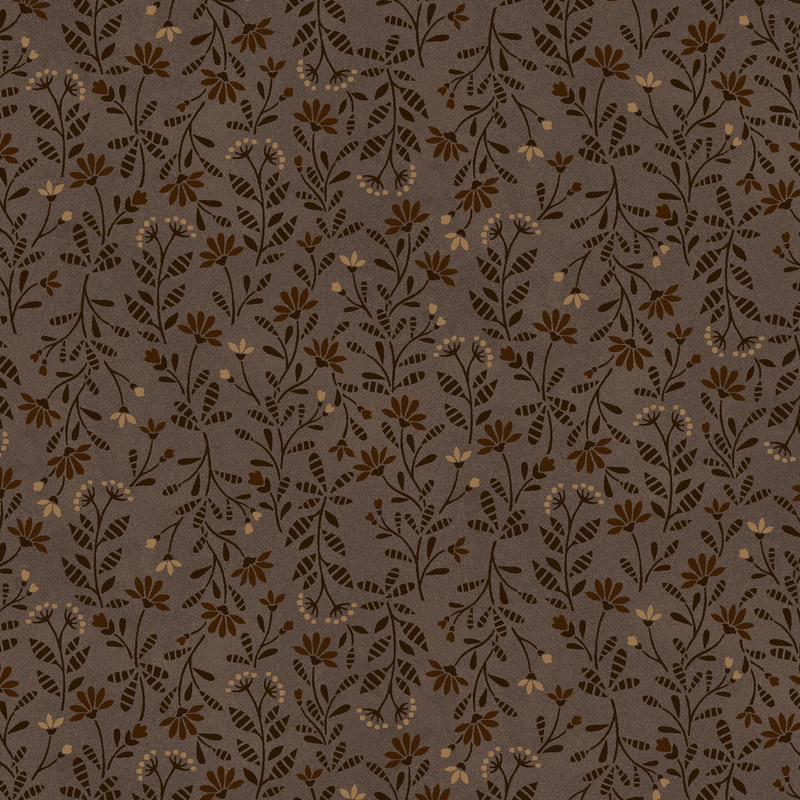 brown fabric featuring a calico pattern of latte and cocoa flowers with dark brown leaves and stems
