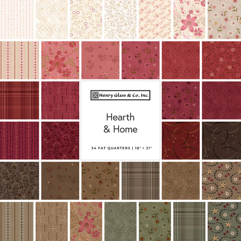 Digital collage of fabrics included in the Hearth & Home collection with cream, red, brown, and green fabrics featuring floral patterns.