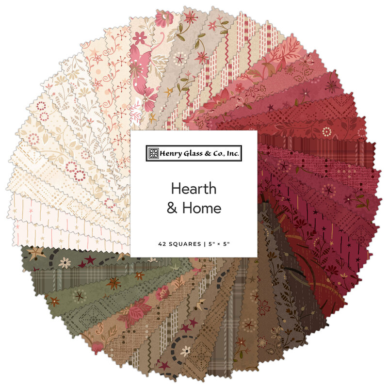 Collage of fabric swatches in cream, red, brown, and green featuring floral patterns arranged in a circular patterns, labeled Hearth & Home by Henry Glass