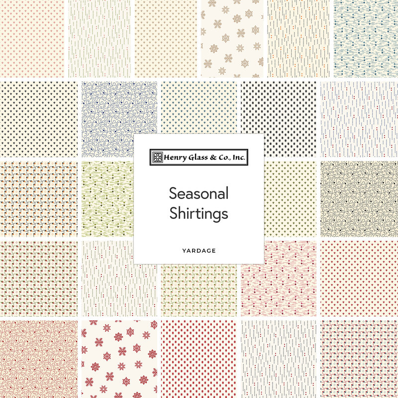 Digital collage of fabrics included in the Seasonal Shirtings collection with cream, red, blue, green, and tan fabrics with geometric patterns.