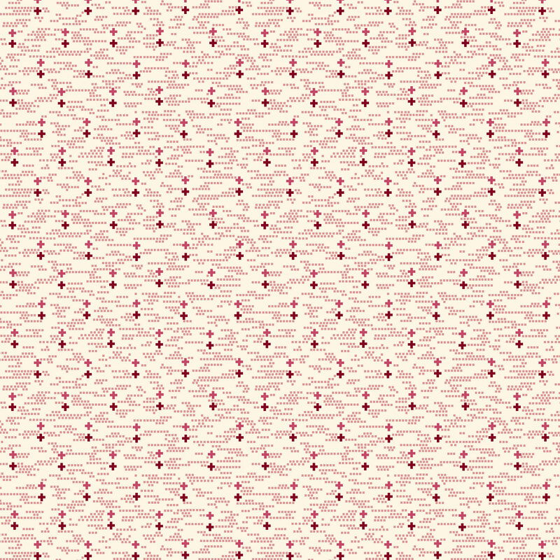 cream fabric with small square dots tossed in the background and crosses in geometric patterns in shades of red