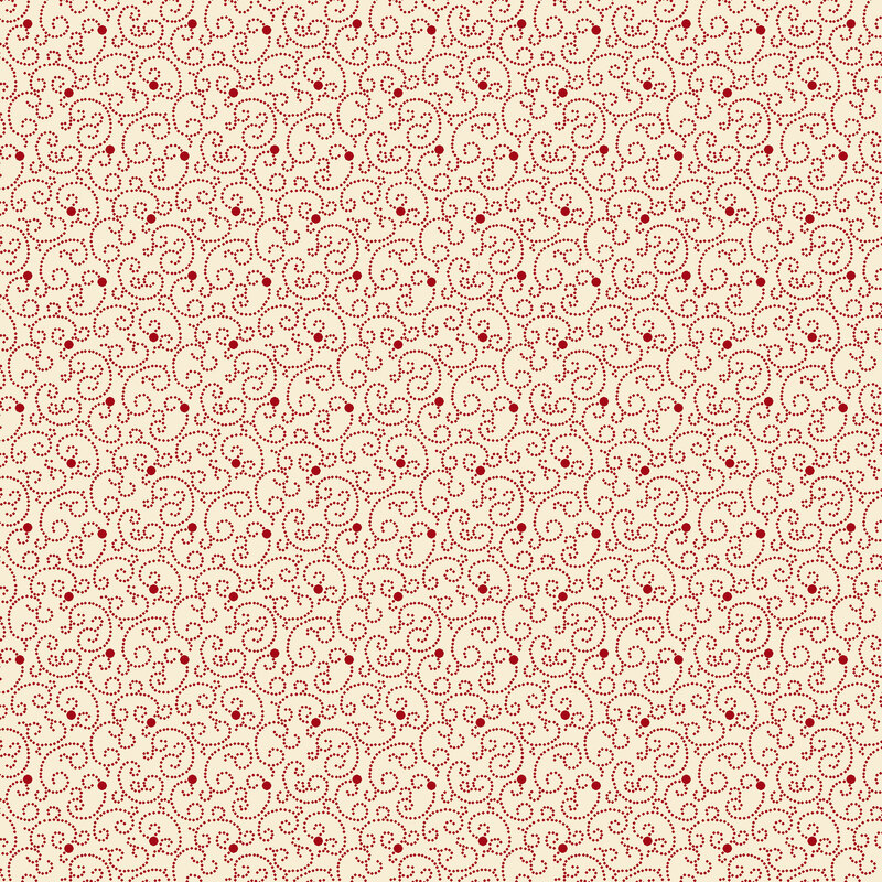 cream fabric featuring ruby red dots and swirls