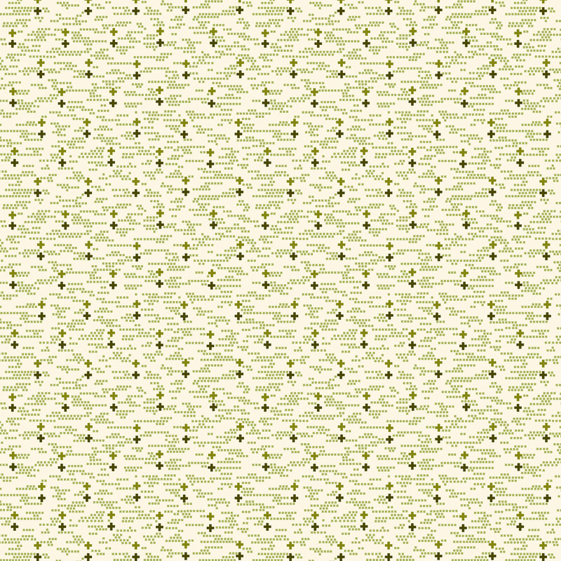 cream fabric with small square dots tossed in the background and crosses in geometric patterns in shades of green