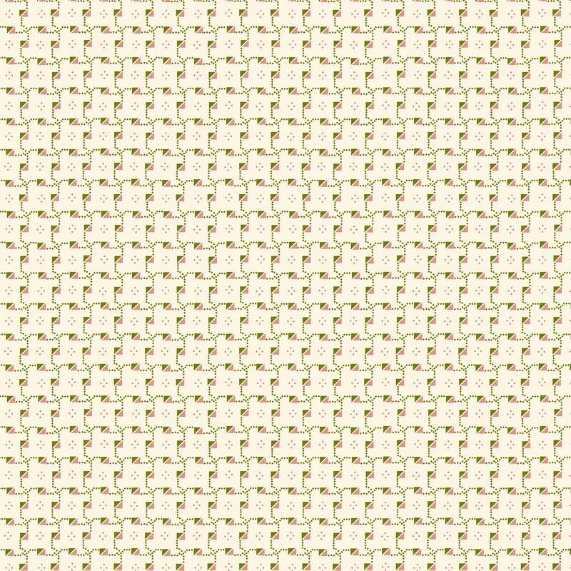 cream fabric featuring geometric patterns in green and pink