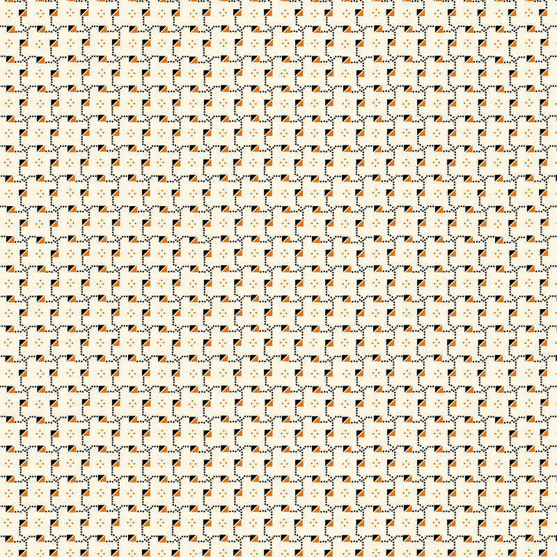 cream fabric featuring geometric patterns in black and orange