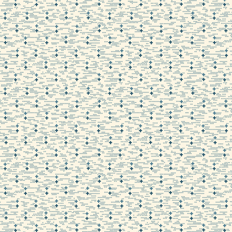 cream fabric with small square dots tossed in the background and crosses in geometric patterns in shades of blue