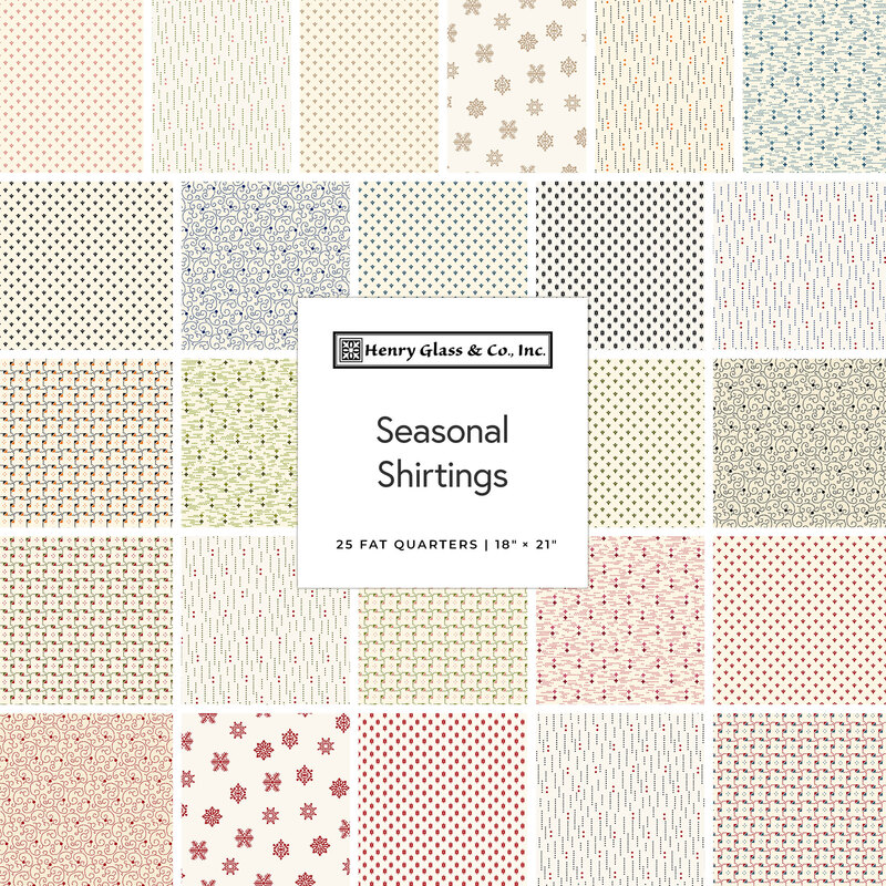 Digital collage of fabrics included in the Seasonal Shirtings collection with cream, red, blue, green, and tan fabrics with geometric patterns.