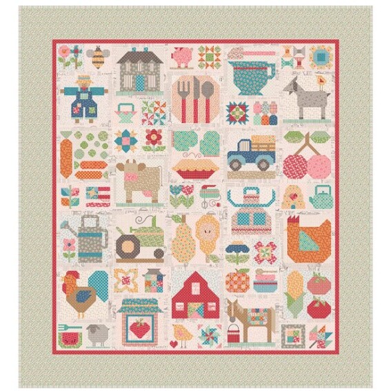 The Farm Fresh Sew Along Quilt featuring farm motifs like animals, barns, food, trucks, and more.