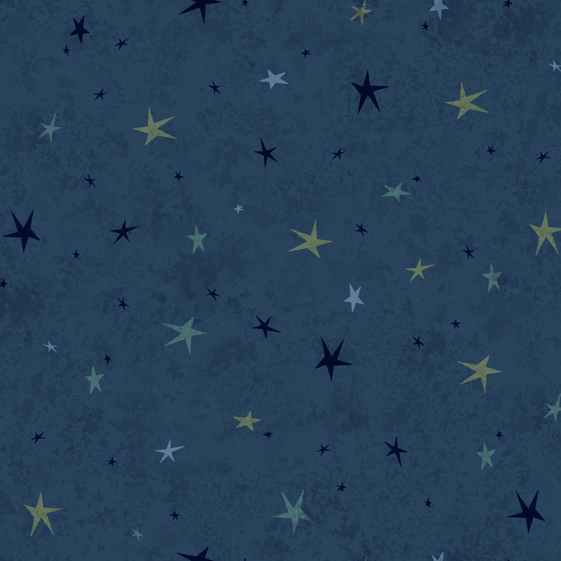 A dark blue fabric featuring a tonal star-themed design.