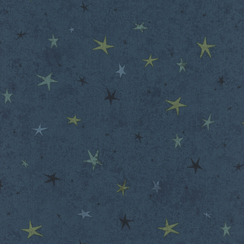 A dark blue fabric featuring a tonal star-themed design.