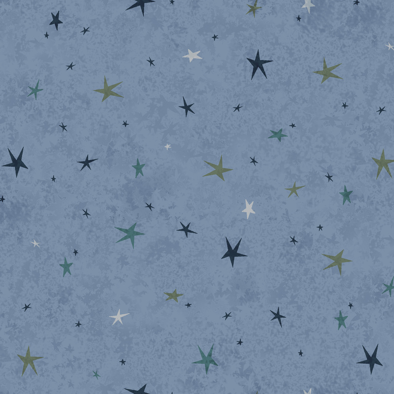 A blue fabric featuring a tonal star-themed design.