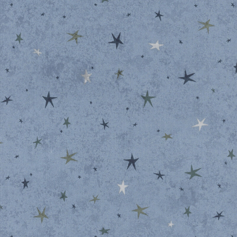 A blue fabric featuring a tonal star-themed design.