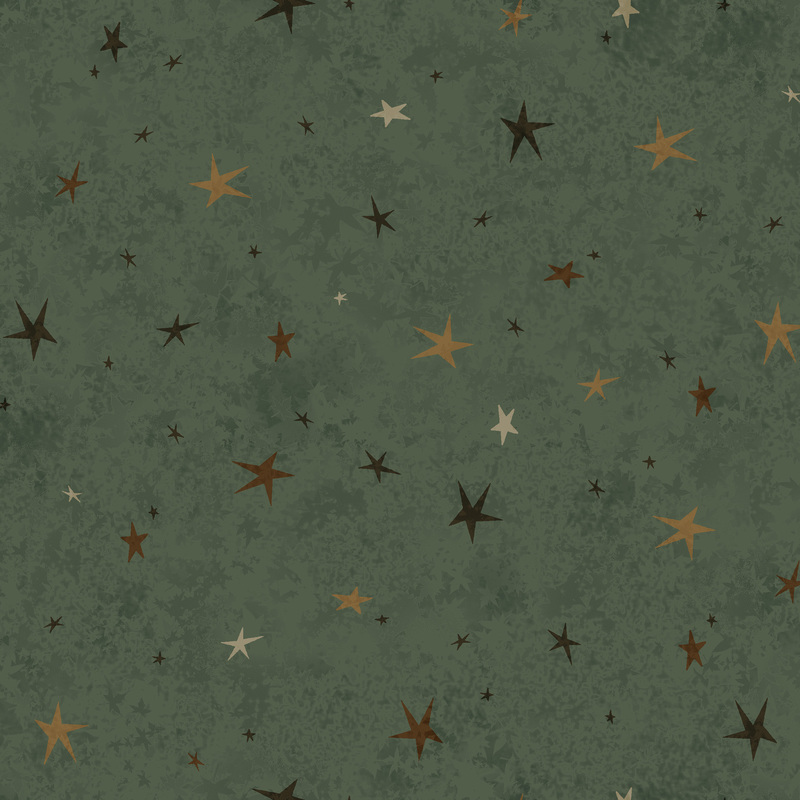 A muted green fabric featuring a tonal star-themed design.