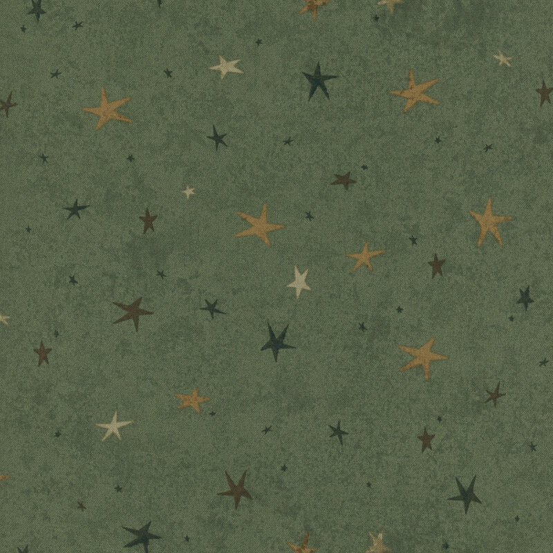 A muted green fabric featuring a tonal star-themed design.