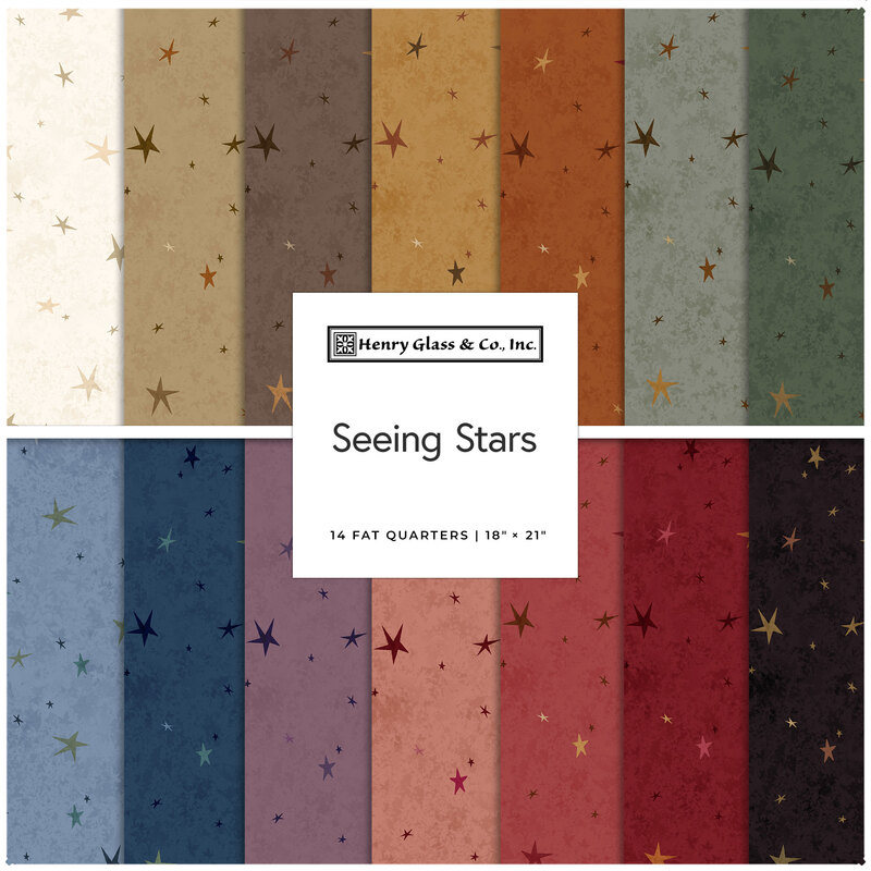 A fabric collage featuring star themed tonals in various colors from the collection Seeing Stars. 