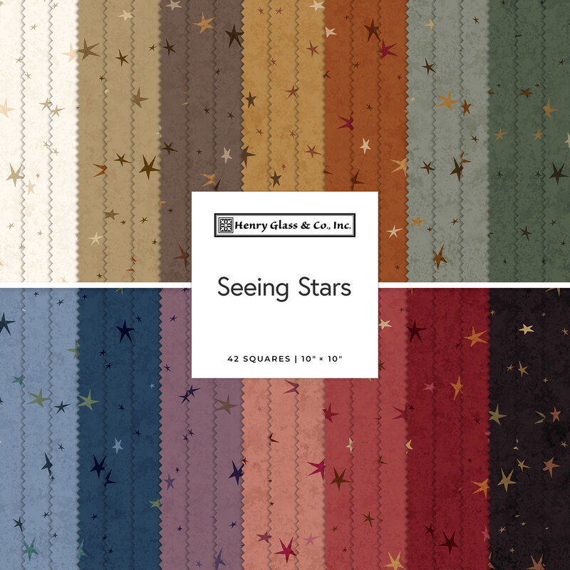 A fabric collage featuring star themed tonals in various colors from the collection Seeing Stars. 