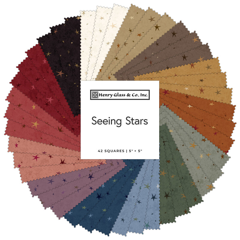 A fabric collage featuring star themed tonals in various colors from the collection Seeing Stars. 