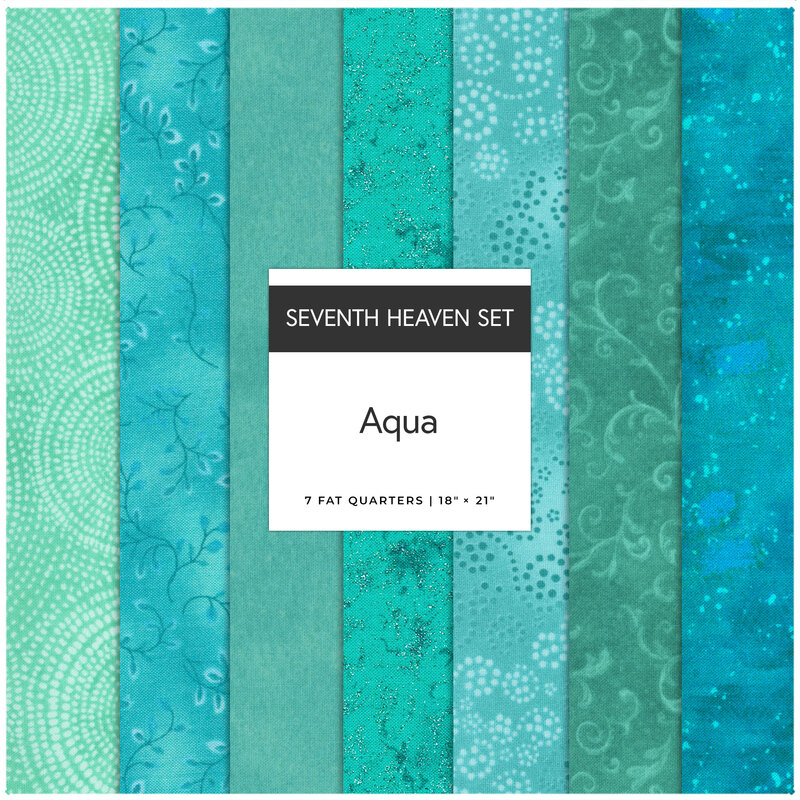 A collage of 7 aqua and teal fat quarters