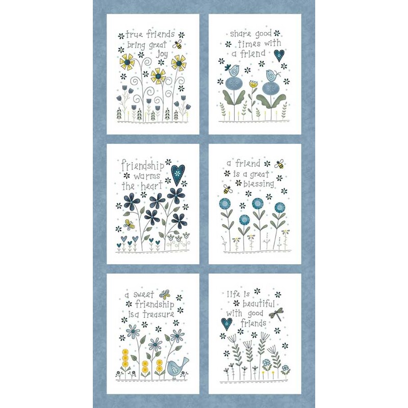 A panel with a collage of six illustrated blocks with floral designs and quotes about friendship and joy.