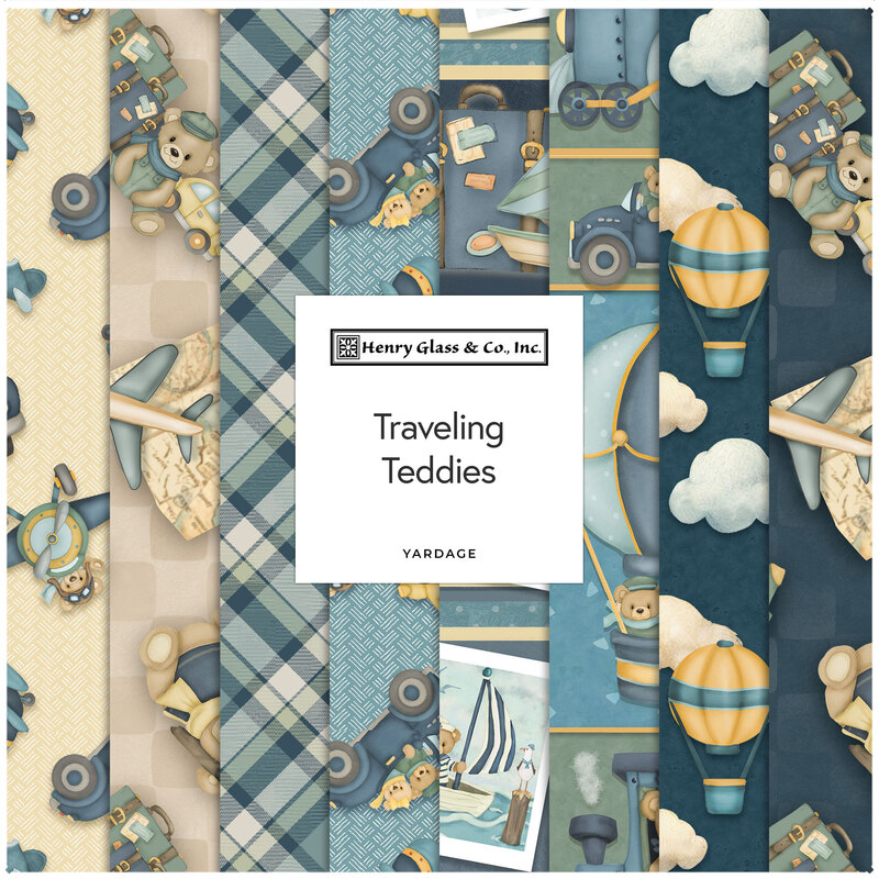 A fabric collage featuring baby blues and travel inspired motifs from the collection Traveling Teddies.