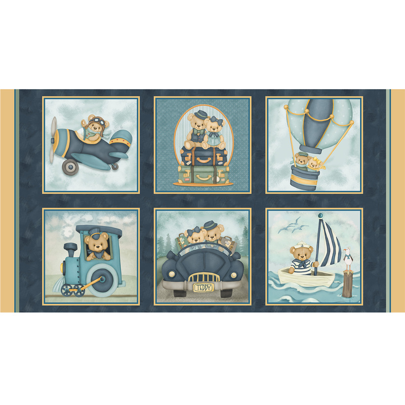 A fabric panel featuring baby blues and travel inspired motifs from the collection Traveling Teddies.