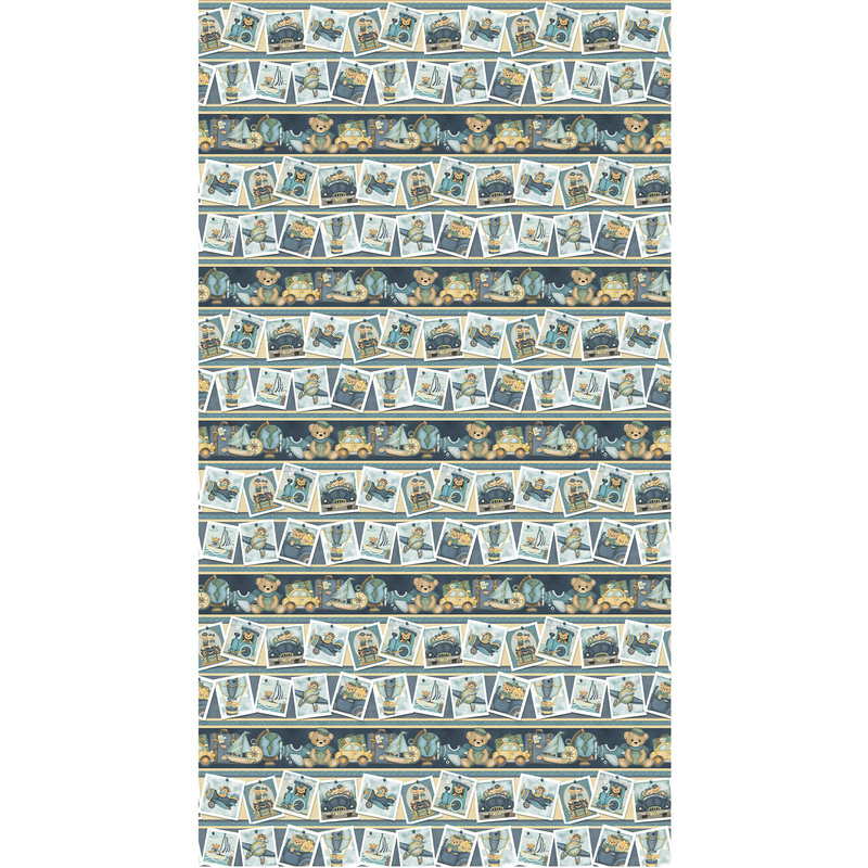 A border stripe fabric featuring baby blues and travel inspired motifs from the collection Traveling Teddies.