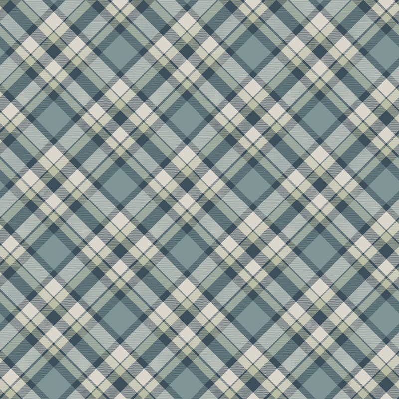 A fabric featuring muted teal and navy tartan plaid from the collection Traveling Teddies.