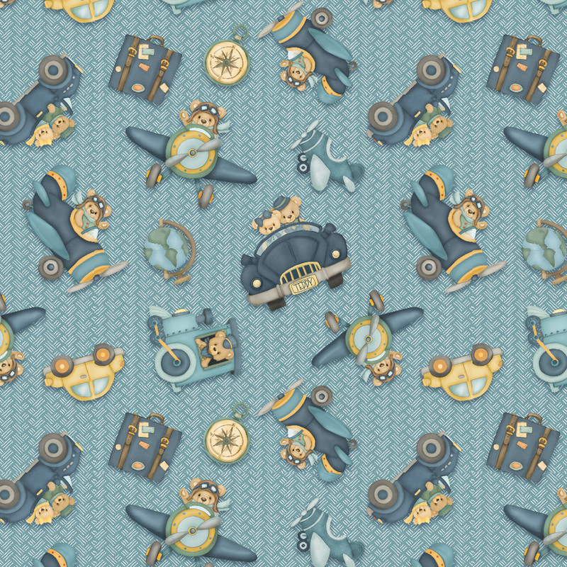 A blue fabric featuring bears and travel themed motifs from the collection Traveling Teddies.