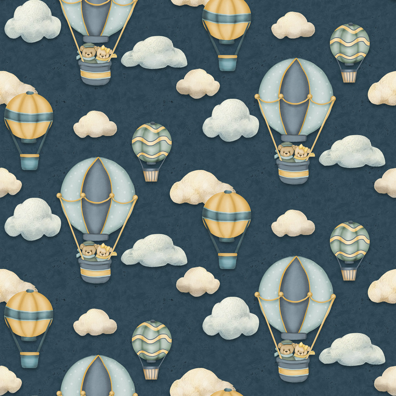 A dark blue fabric featuring bears on hot air balloons with clouds from the collection Traveling Teddies.
