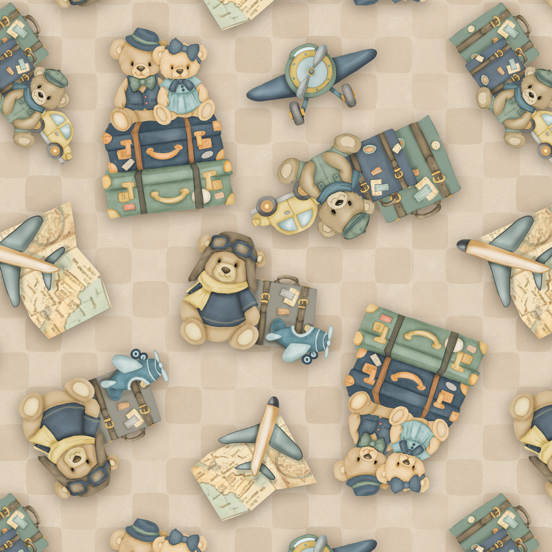 A beige fabric featuring bears and travel themed motifs from the collection Traveling Teddies.