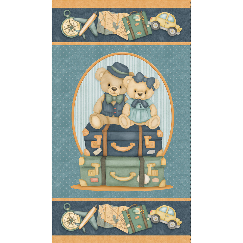 A fabric panel featuring two bears on vintage suitcases with travel motifs from the collection Traveling Teddies.