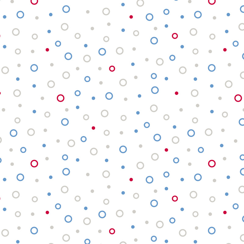gray, blue, and red circles tossed on white fabric