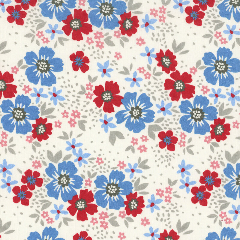 Red and blue flowers with gray leaves scattered on white fabric