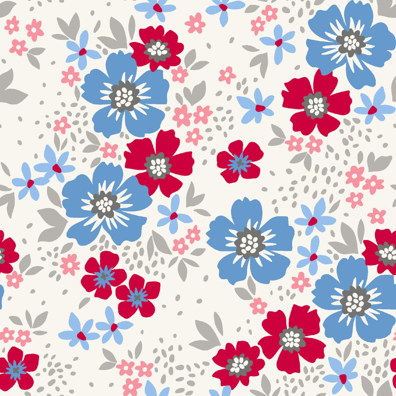Red and blue flowers with gray leaves scattered on white fabric