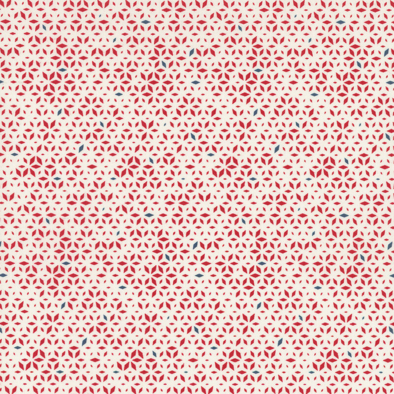 white fabric featuring a red and blue geometric design