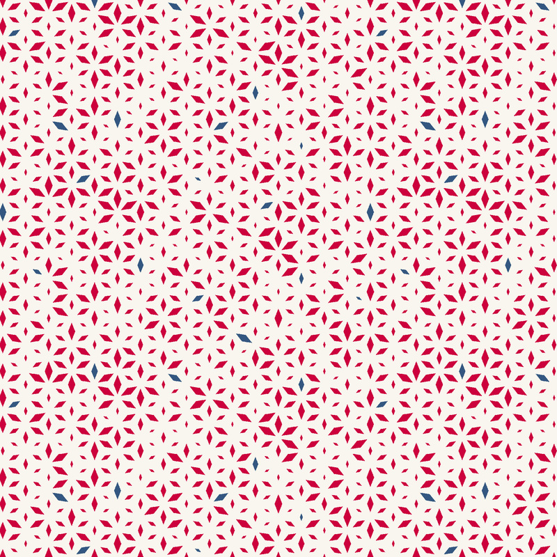 white fabric featuring a red and blue geometric design