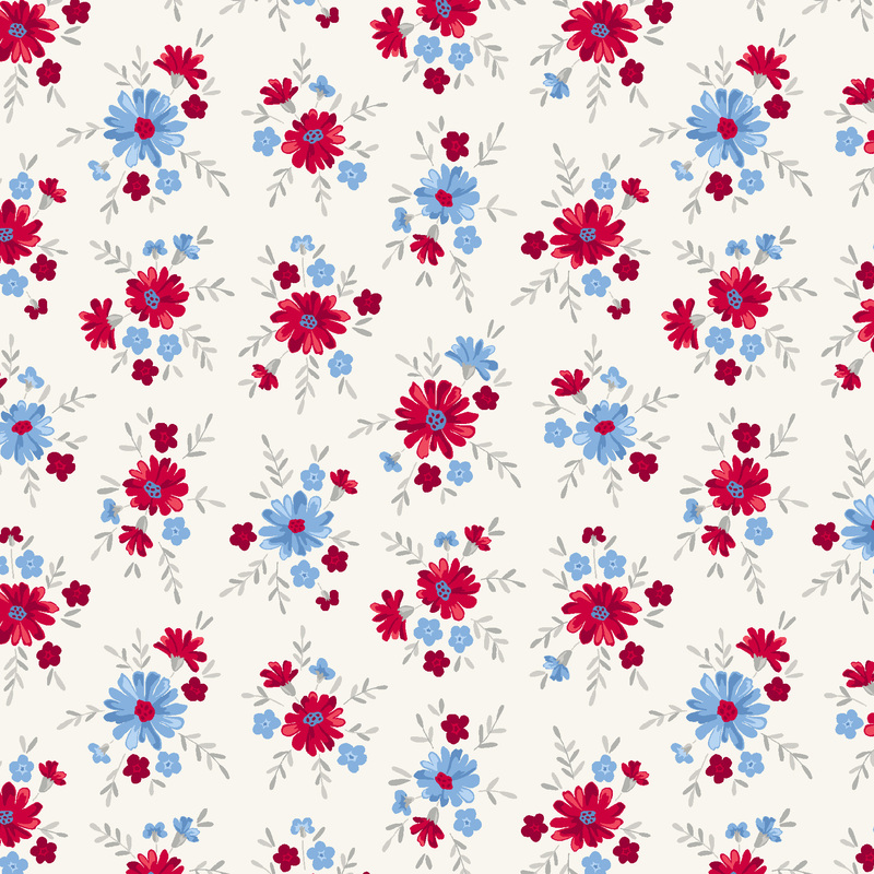 red and light blue flowers tossed on white fabric
